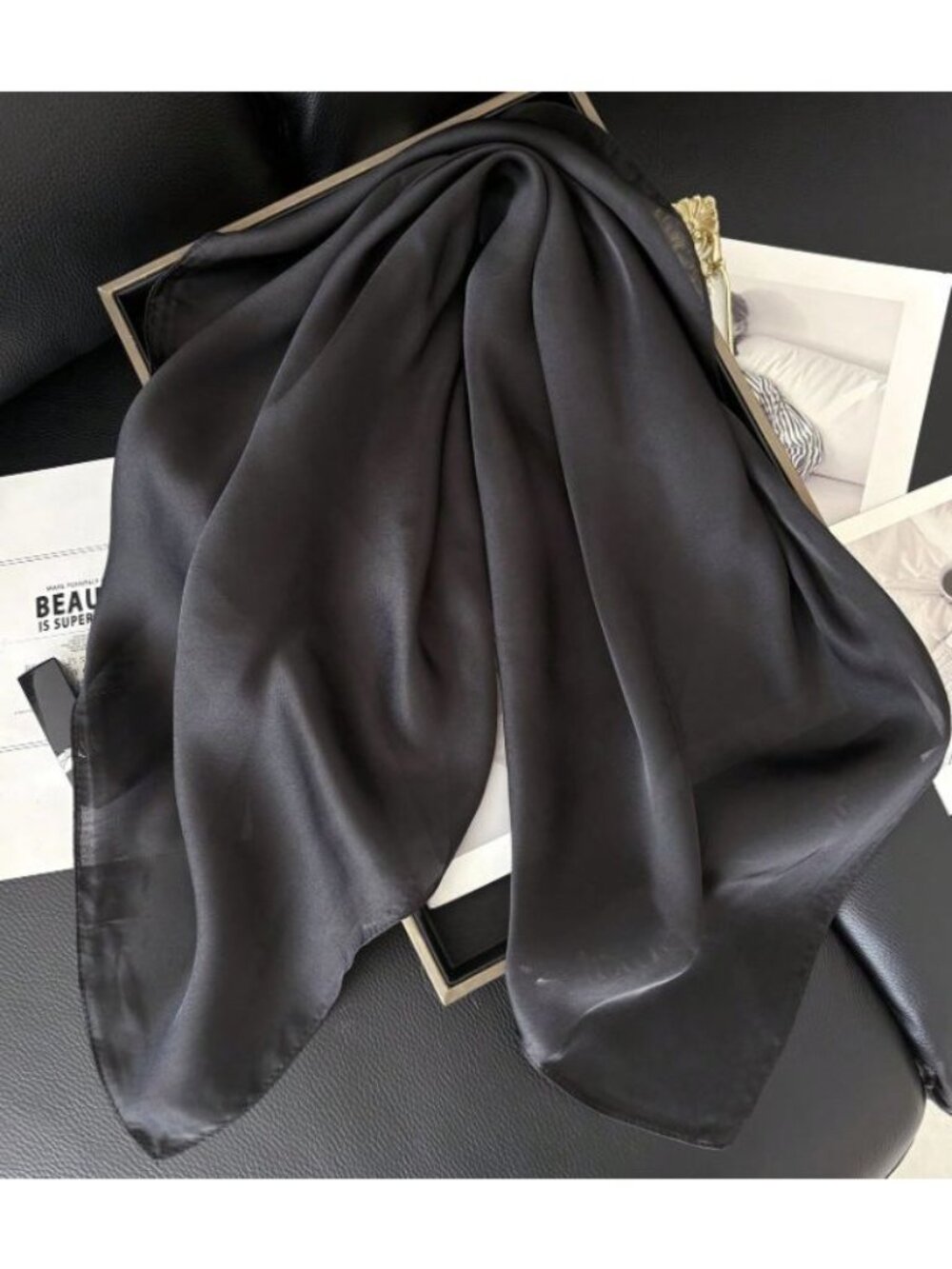 ✨Elegant Bandana Square Silky Scarf BLACK Solid Soft Wrap Versatile Shawl Wrap✨ - Picture 3 of 4